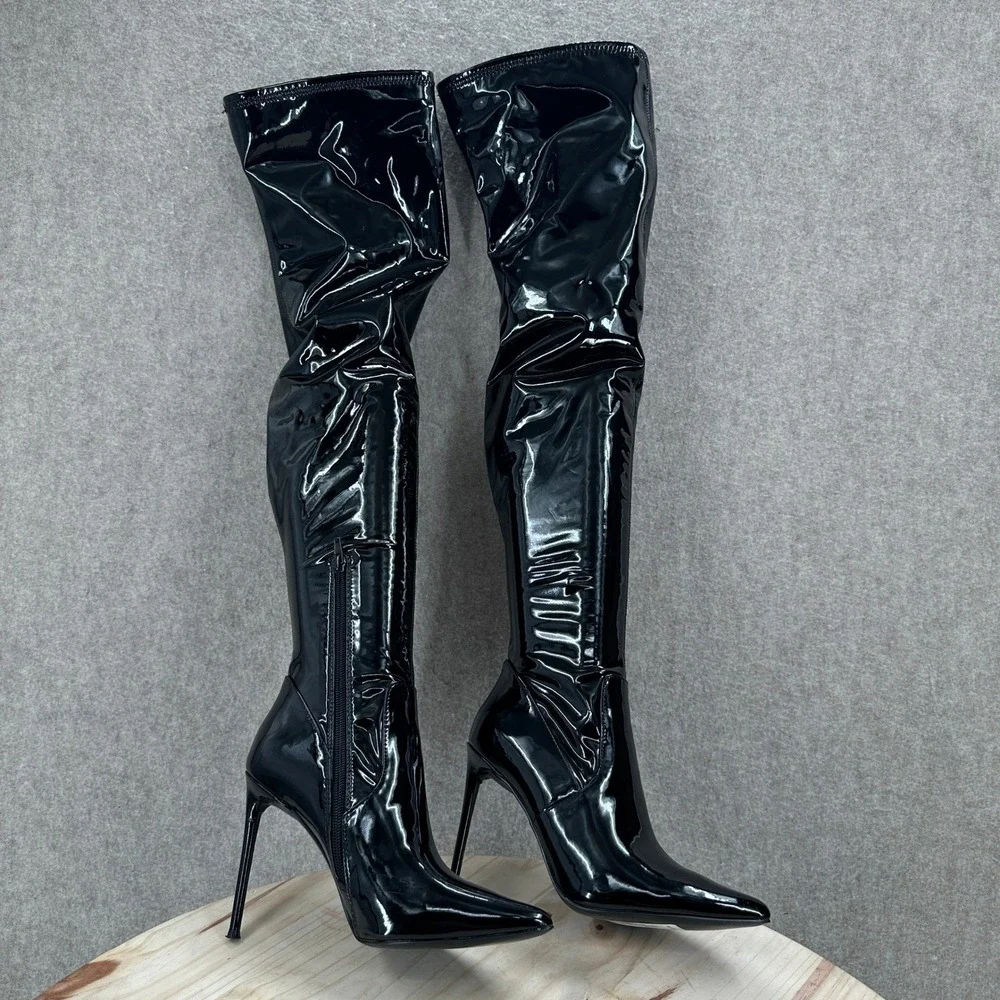 Steve Madden Viktory Patent Faux Leather Thigh High Stiletto Boots Toe Over Knee